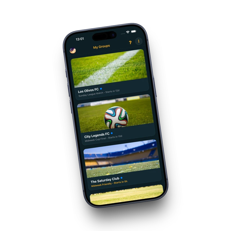 Pivio multi-group management screen showing multiple football squads